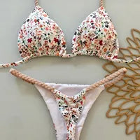 2026 new style boxer shorts mesh three-piece women's swimsuit neck lace-up bikini set