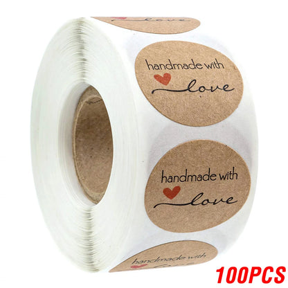 100-500pcs 1inch Vintage Kraft Paper Handmade With Love Stickers for Package Thank You Stationery Adhesive Labels Baking Seals