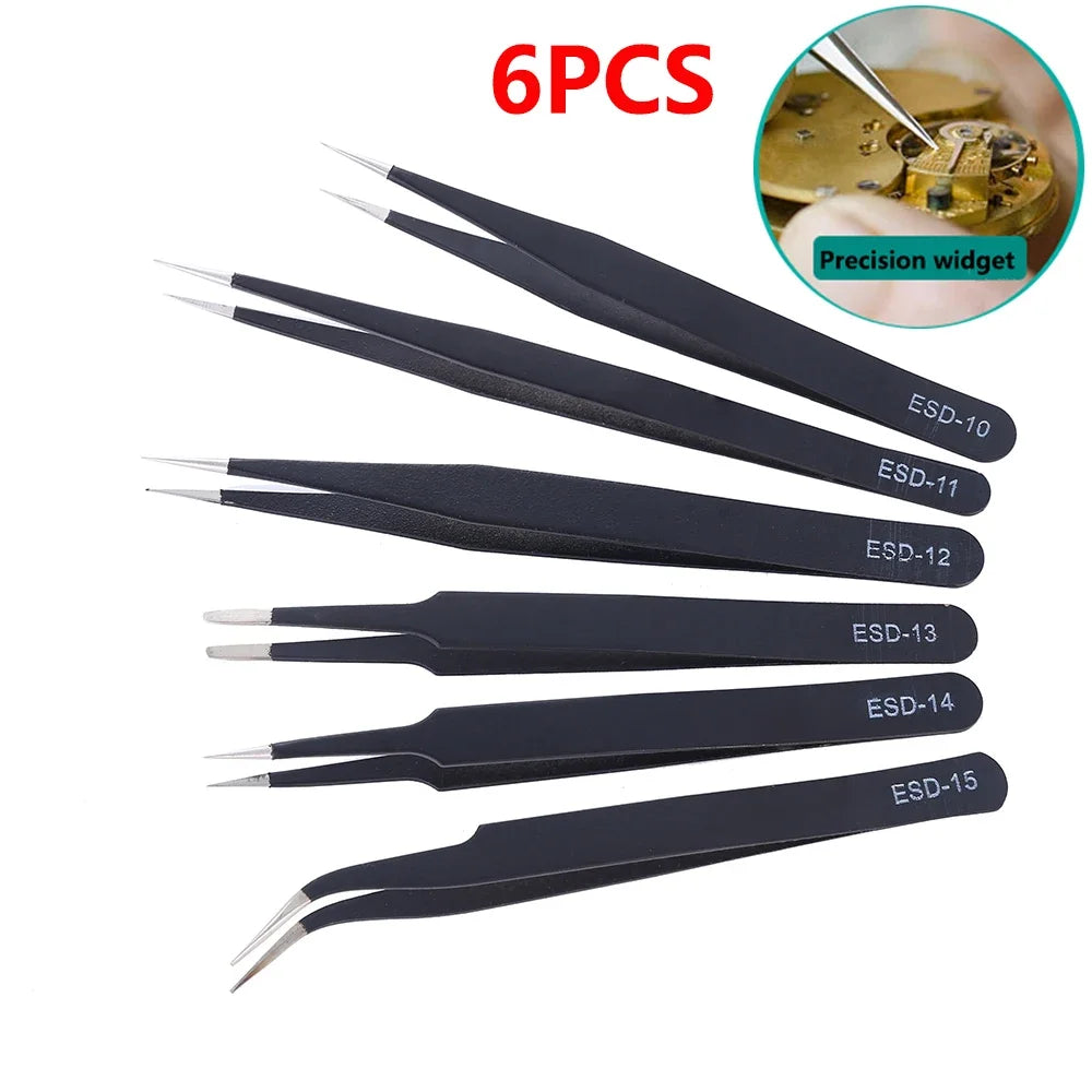 6Pcs Anti-static ESD Tweezers Maintenance Tool Industrial Precision Curved Straight Tweezers Repair Tools Set