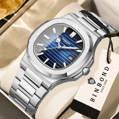 BINBOND sturdy stainless steel strap quartz wristwatches for men luxury luminous waterproof auto date accurate men's watch reloj