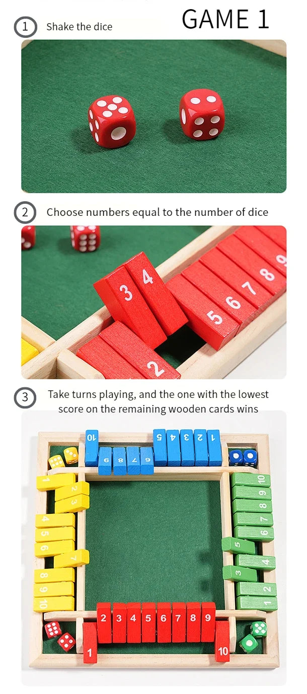 Wooden Arithmetic Dice Board Game – Flip Card Box with 4-Sided Number Tiles, Fun Multiplayer Dice Game for Family & Party