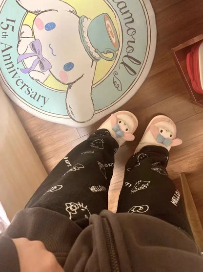 Christmas Sanrio Hello Kitty Pajamas Halloween Flannel Fashion Trouserswomen Kawaii Woolen Anime Cartoon Casual Home Pant Autumn