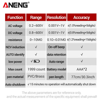 ANENG M113 Inteligent Multimeter 1999 Count Digital AC/DC Voltage Meter Ohm NCV Measuring Mini Instruments Electricity Test Tool