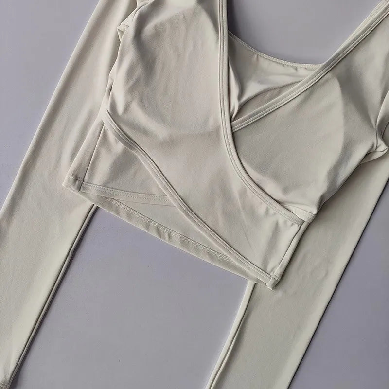 Autumn Slimming Long Sleeved Yoga Top Crossed Back with Fixed Chest Pads for Sports Running Fitness Tight Fitting Shirt
