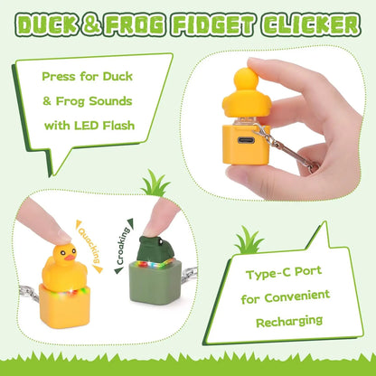 Rechargeable Duck Frog Fidget Clicker Keychain with LED Light, Sensory Toy for Adults Stress Relief Anxiety (Yellow&Green, 2P)