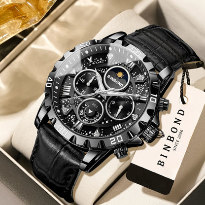 BINBOND Genuine accurate quartz wristwatches for men luxury luminous waterproof chronograph leather strap men's watch reloj