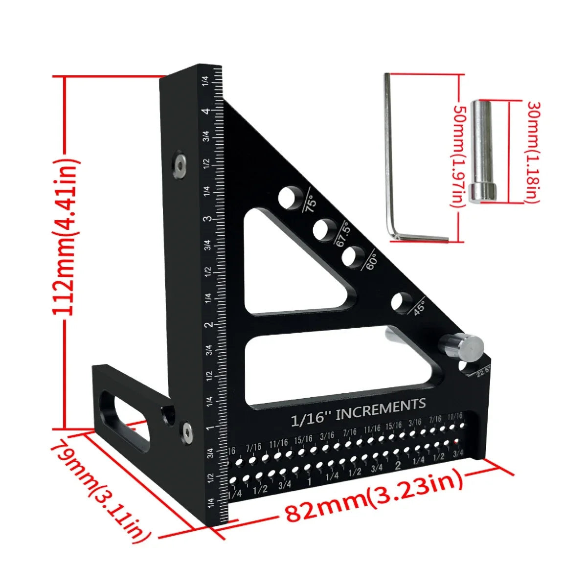 3D Multi-Angle Woodworking Square Protractor, Aluminum Alloy Miter Triangle Ruler T-Type Scriber - 22.5/30/45/60/67.5/90 Degree