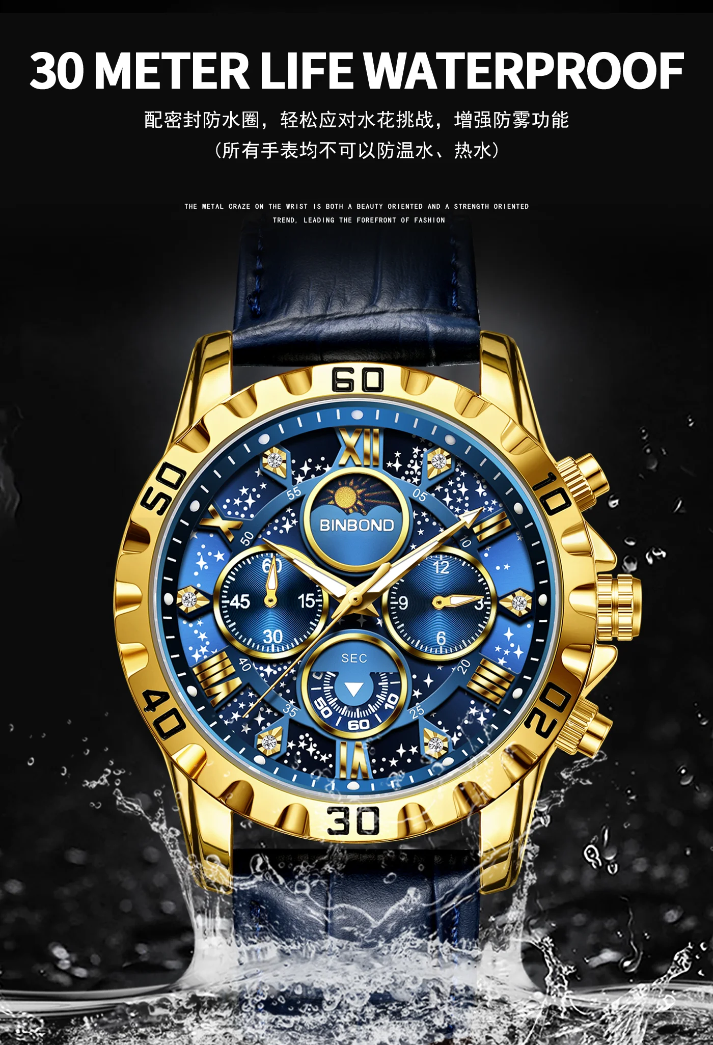BINBOND Genuine accurate quartz wristwatches for men luxury luminous waterproof chronograph leather strap men's watch reloj