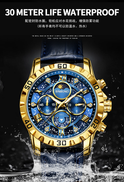BINBOND Genuine accurate quartz wristwatches for men luxury luminous waterproof chronograph leather strap men's watch reloj