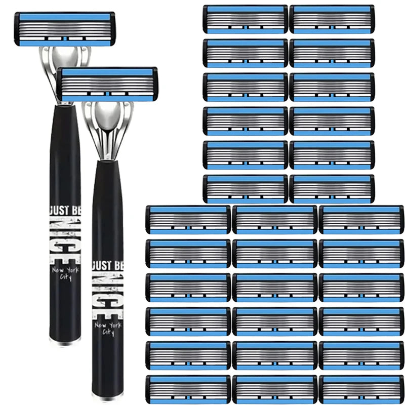 Men's 6-Blade Manual Razor with Non-Slip Handle and Multiple Replacement Blades - Ideal for Trimming Beards and Mustaches