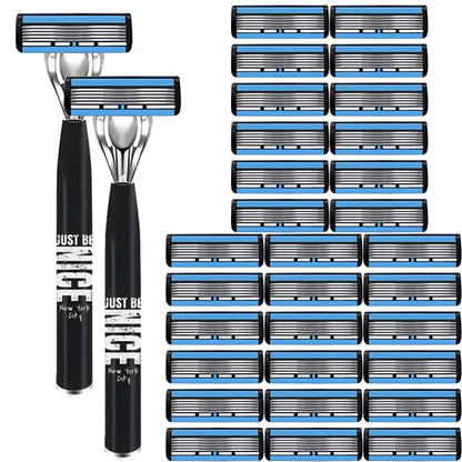 Men's 6-Blade Manual Razor with Non-Slip Handle and Multiple Replacement Blades - Ideal for Trimming Beards and Mustaches