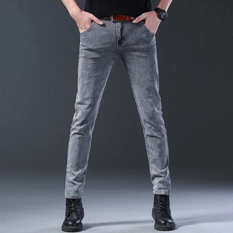 Men's Grey Mid-Waist Slim Stretch Jeans