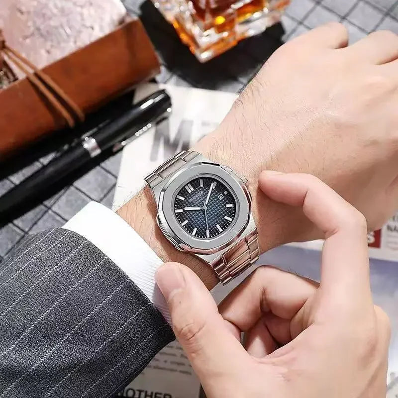 Fashion Luxury Business Square Quartz Watches Classic Stripe Design Dial with Stainless Steel Band Wristwatch for Men
