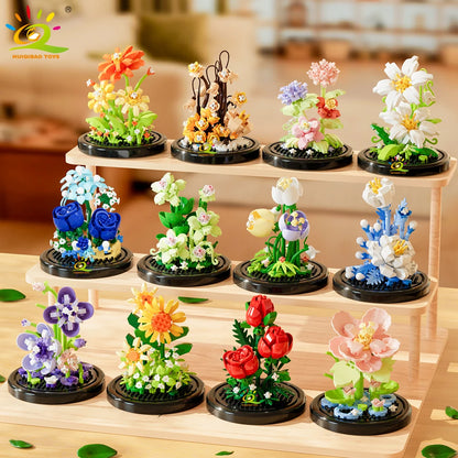 HUIQIBAO MOC Eternal Bouquet Display Box Micro Building Blocks Flower Model DIY Home Desk Plant Decoration Brick Toy For Childre