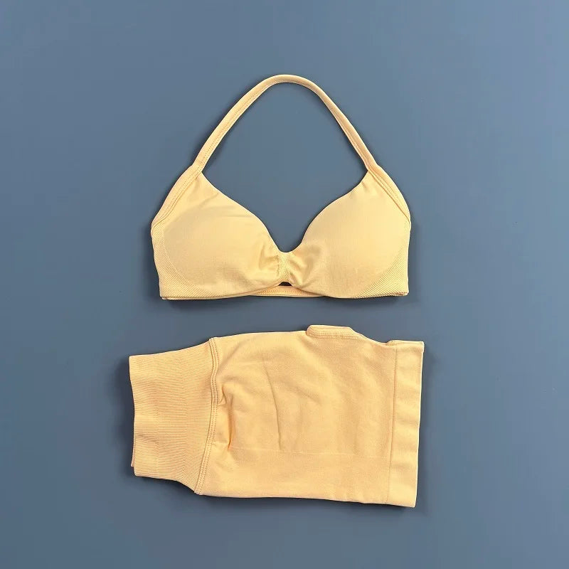 2 Pieces Yoga Gym Set Women Seamless Strappy Yoga Bra High Waist Workout Scrunch Shorts Sports Set Fitness Clothes Sportswear