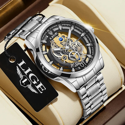 Original LIGE Men Watch Gold Stainless Steel Hollow Skeleton Quartz Watches for Men Fashion Military Waterproof Men Wristwatch