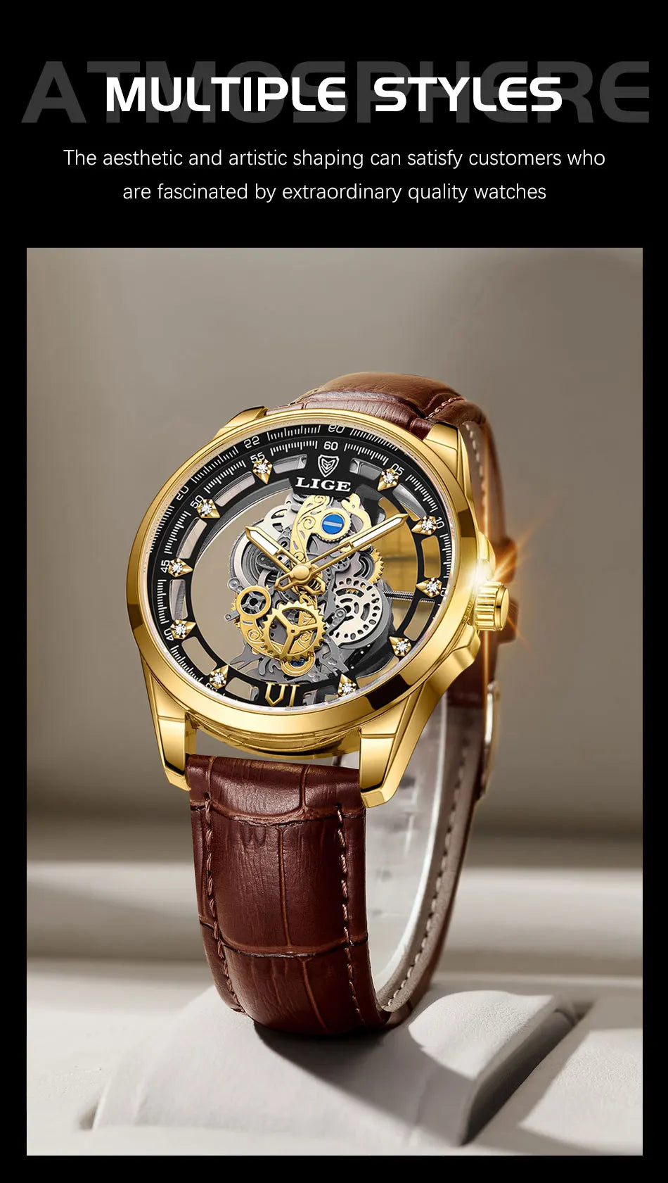 Original LIGE Men Watch Gold Stainless Steel Hollow Skeleton Quartz Watches for Men Fashion Military Waterproof Men Wristwatch
