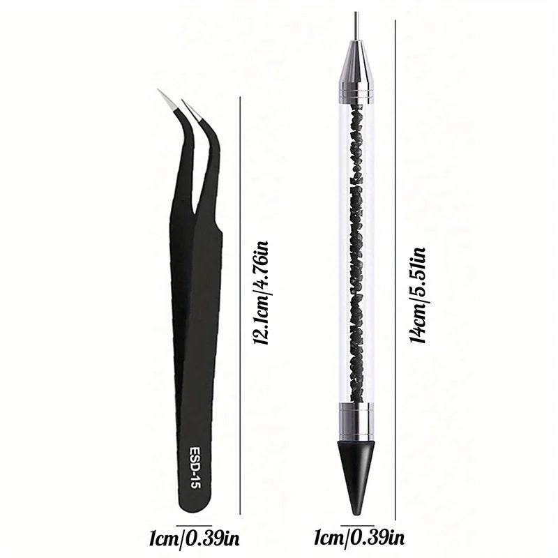 2Pcs set of manicure double-ended diamond pens with crayons stainless steel tweezers nail art grafting eyelashes manicure tools