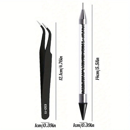 2Pcs set of manicure double-ended diamond pens with crayons stainless steel tweezers nail art grafting eyelashes manicure tools