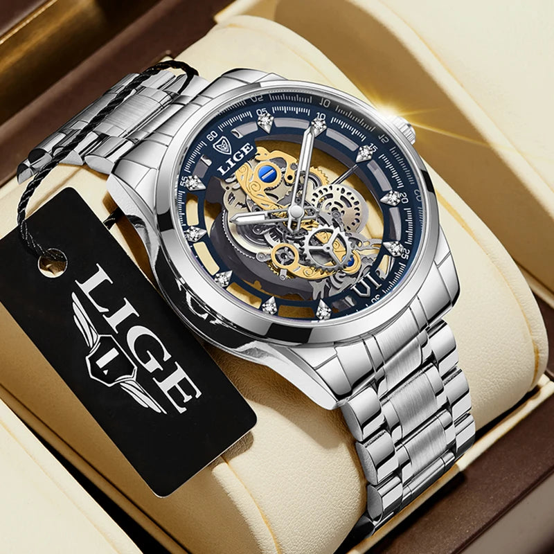Original LIGE Men Watch Gold Stainless Steel Hollow Skeleton Quartz Watches for Men Fashion Military Waterproof Men Wristwatch