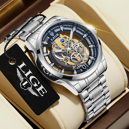 Original LIGE Men Watch Gold Stainless Steel Hollow Skeleton Quartz Watches for Men Fashion Military Waterproof Men Wristwatch