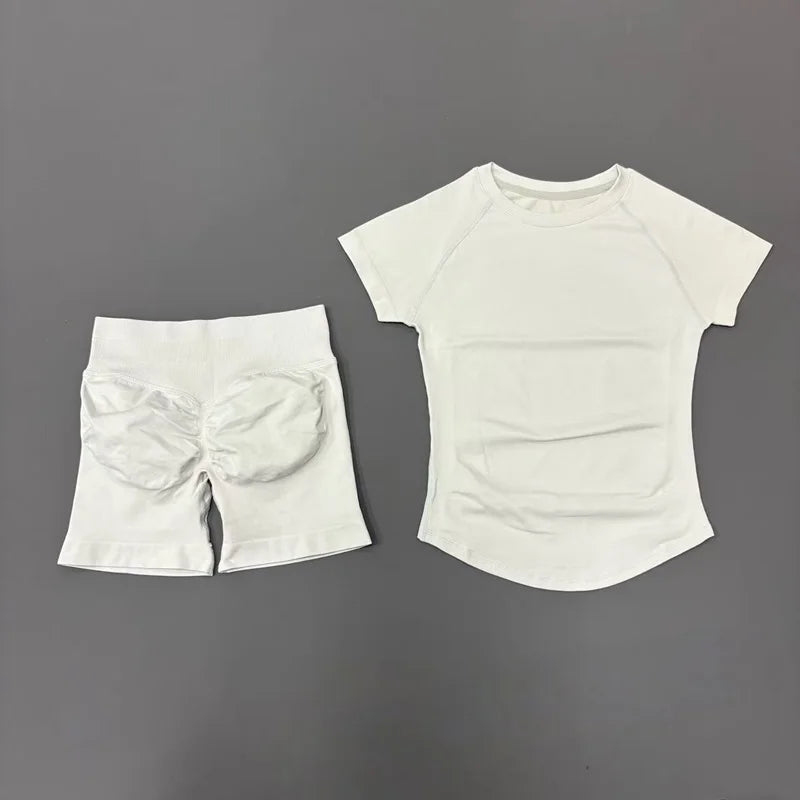 2 Pieces HISTELLO Sports Sets Short Sleeve Seamless Yoga Top Fitness Set Women Workout Running Sports Shorts Gym Suit