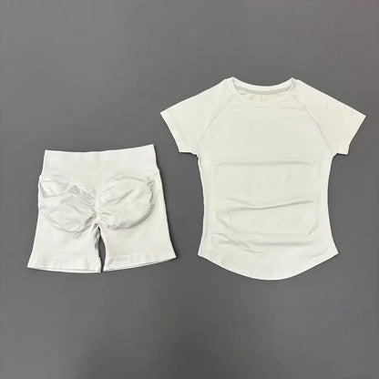 2 Pieces HISTELLO Sports Sets Short Sleeve Seamless Yoga Top Fitness Set Women Workout Running Sports Shorts Gym Suit