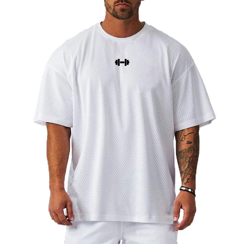 Oversized Loose Short Sleeve Quick Dry Shirt Gym Bodybuilding Breathable Cool Mesh Clothing Mens Fitness Workout Muscle T-shirts