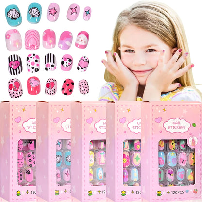 120Pcs/Box Cartoon Gril Princess Children Press On Nails 6-14Years Kawaii Cat/Flowers/Rainbow Nail Tips With Jelly Gel Girl Gift