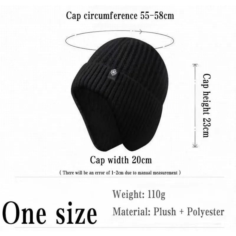 Men Winter Knitted Hat Plush Warmth Peaked Cap Outdoor Earmuff Casual Fashion Faux Fur Lined Hooded Hats Cycling Ear Protection