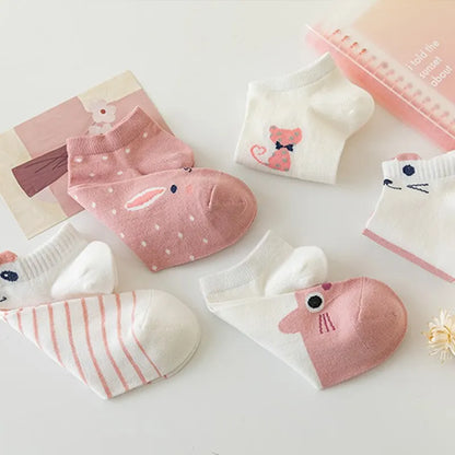 5/10/20 Pairs Women's Short Tube Socks Pink Cat Thin Four Seasons Cute Boat Sockslow Top Ins Trendy Socks