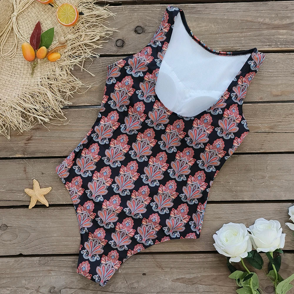 2026 New Printed One-piece Swimsuit Classic Printed Lace Up Swimsuit Women's Push Up Flower One-piece Suit Beach Wear For Female