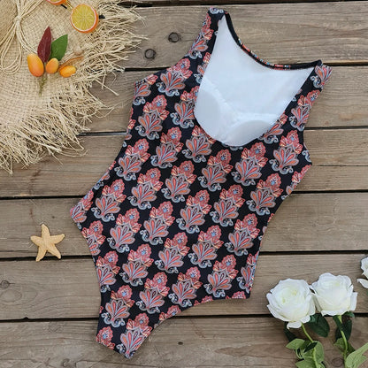 2026 New Printed One-piece Swimsuit Classic Printed Lace Up Swimsuit Women's Push Up Flower One-piece Suit Beach Wear For Female