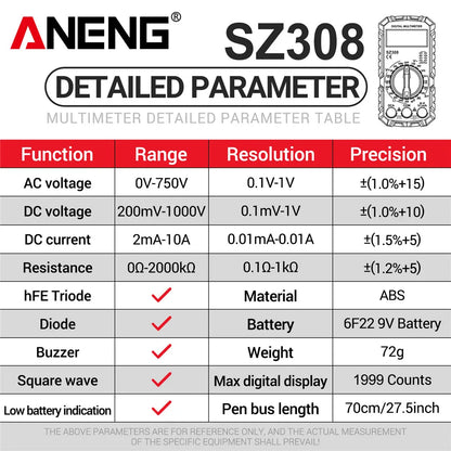 ANENG SZ308 Digital Multimeter   AC/DC Current Meter Voltage Resistance Meter Electrician LCD Screen Ohm Square Wave Test