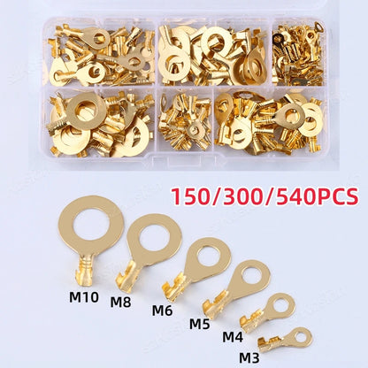 150/300/540Pcs M3/M4/M5/M6/M8/M10 Ring Lugs Eyes Copper Crimp Terminals Cable Lug Wire Connection Non Insulated Assortment Kit