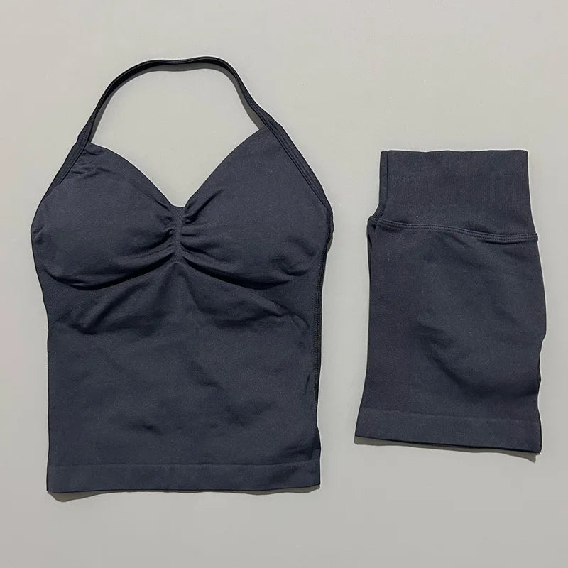 Yoga 2 Pieces Gym Set Women Backless Halter Tops High Waist Seamless Shorts Gym Suit Fitness Sports Bras Sportswear Workout Sets