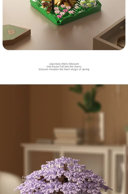 DIY Purple Romantic Cherry Blossom Flower Pink Tree House Assembly Building Blocks Classic Model Miniature Bricks Sets Kid Gifts