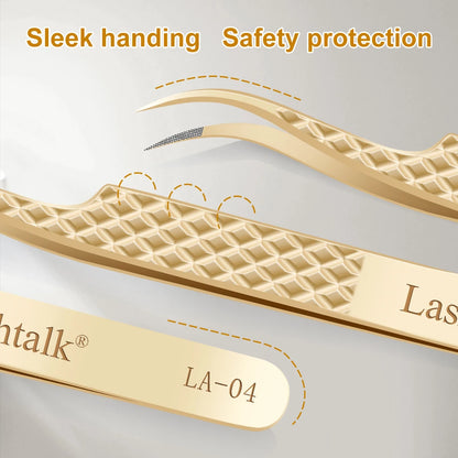 Lashtalk Precision Fiber Tip Tweezer Eyelash Extensions Diamond Grip Anti-Slip Premium Gold Stainless Steel Makeup With Box Pack