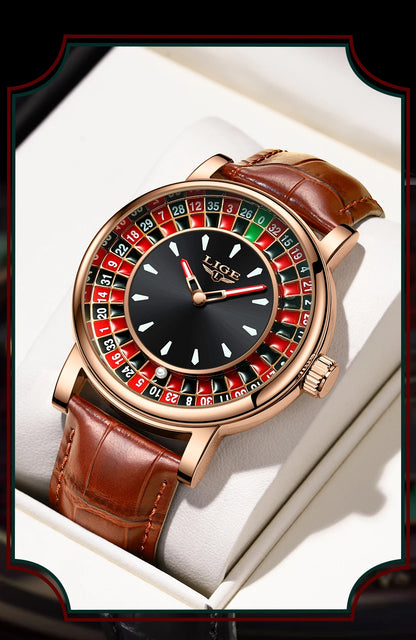LIGE Fashion Men Watch Rotating Dial Las Vegas Roulette Desktop Theme Watch Men Waterproof Luminous Clock Watches Creative Clock