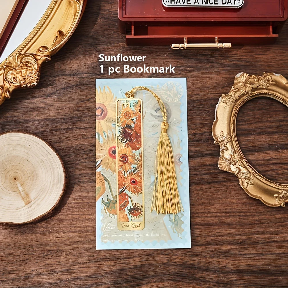 Vintage Oil Painting Metal Bookmarks - Hollow Hot Stamping Long Tassel Bookmarks - Stationery Gifts for Book Clubs, Book Lovers,