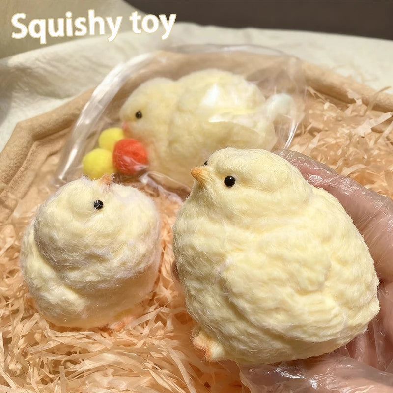 Simulated baby chick squeeze-able soft plush toy with slow rebound feature for stress relief and emotional healing