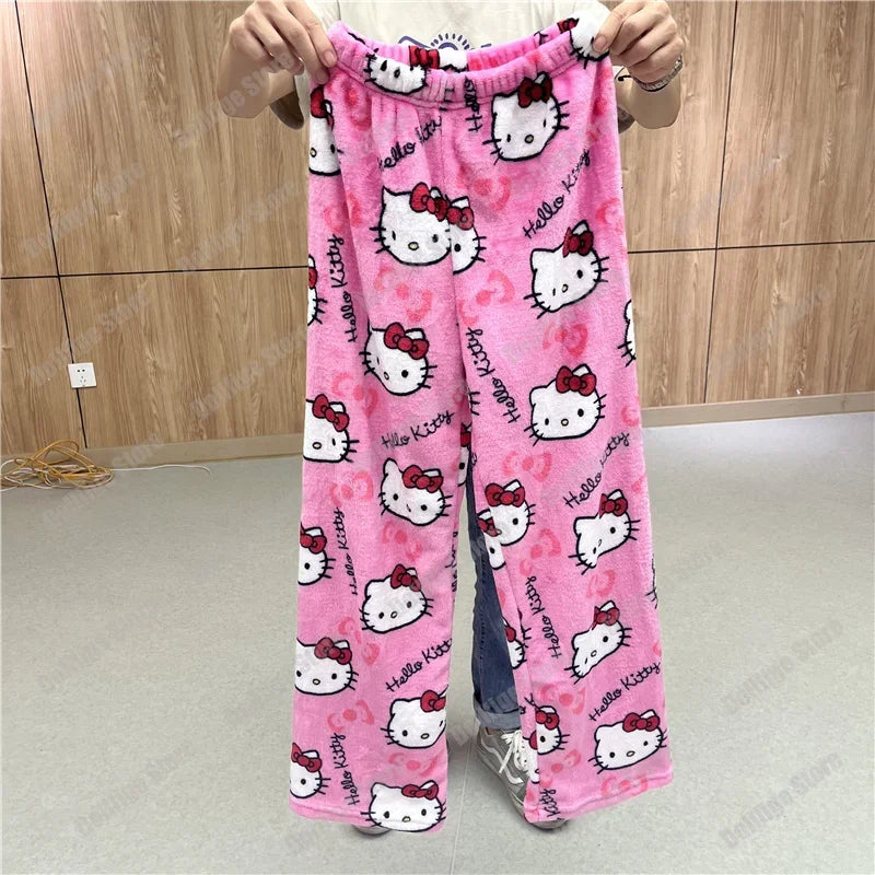 Christmas Sanrio Hello Kitty Pajamas Halloween Flannel Fashion Trouserswomen Kawaii Woolen Anime Cartoon Casual Home Pant Autumn