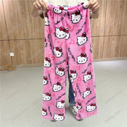 Christmas Sanrio Hello Kitty Pajamas Halloween Flannel Fashion Trouserswomen Kawaii Woolen Anime Cartoon Casual Home Pant Autumn