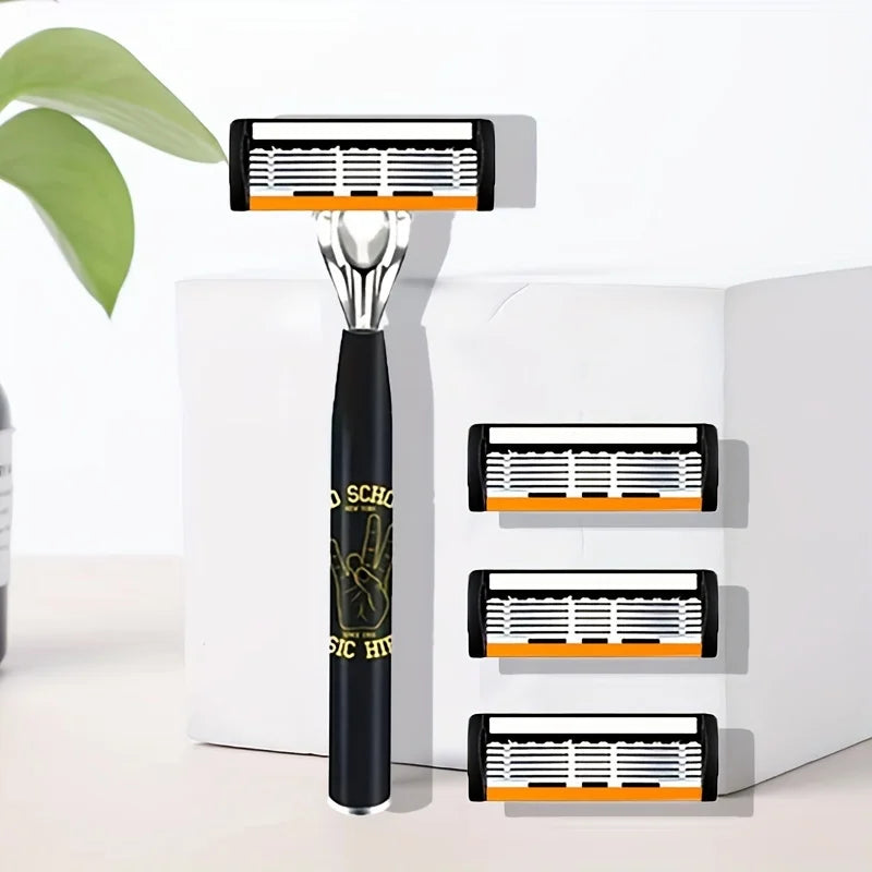 New Stainless Steel Manual Shaver, 6-Layer Razor Blade Reusable, Retro Wet Scratch Resistant Hair Removal Blade