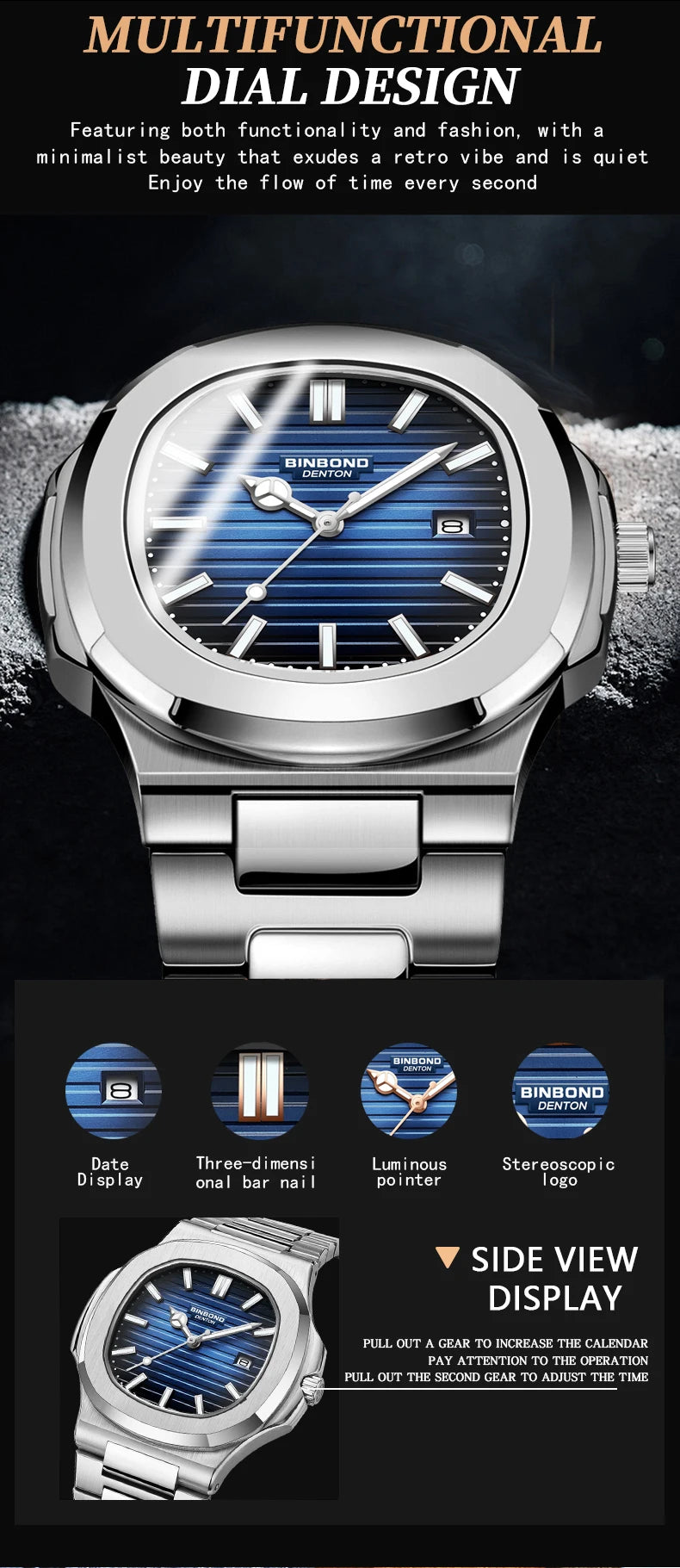 BINBOND sturdy stainless steel strap quartz wristwatches for men luxury luminous waterproof auto date accurate men's watch reloj