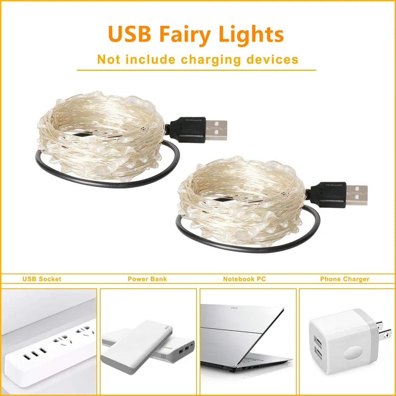 USB Led Fairy Lights Copper Wire String 20M 200LED Holiday Outdoor Lamp Garland For Christmas Tree Wedding Party Decoration
