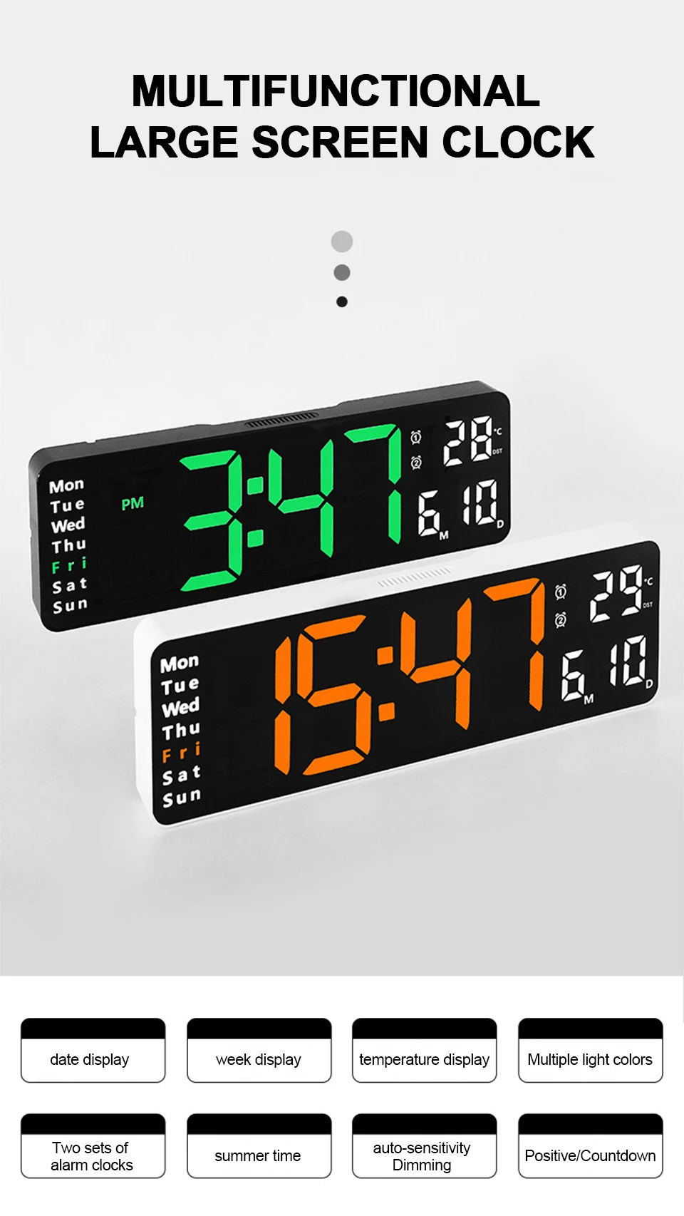 Large Digital Wall Clock Remote Control Temp Date Week Display Power Off Memory Table Clock Wall-mounted Dual Alarms LED Clocks