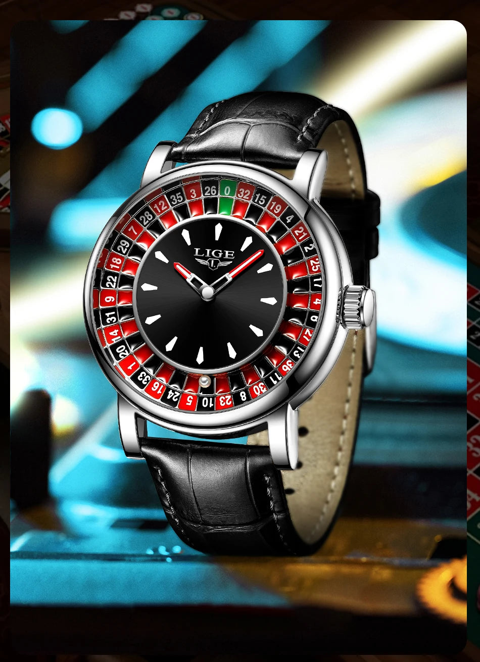 LIGE Fashion Men Watch Rotating Dial Las Vegas Roulette Desktop Theme Watch Men Waterproof Luminous Clock Watches Creative Clock