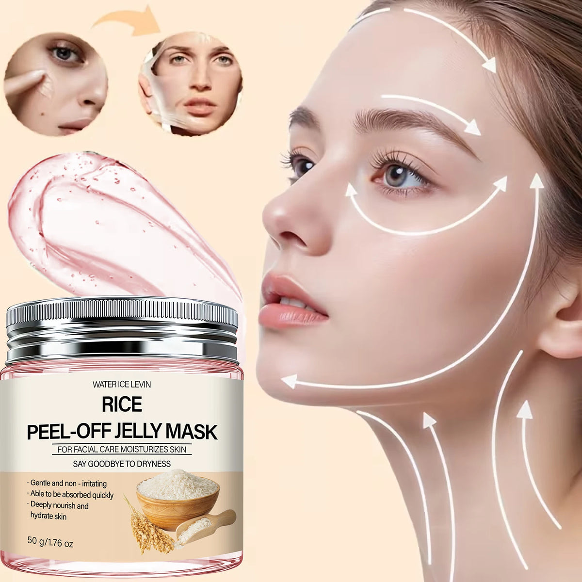Rice Peel-Off Jelly Mask Deep Hydration Nourishment. Gentle Quick Absorb. Say Goodbye Dryness. Watericelevin 50g.