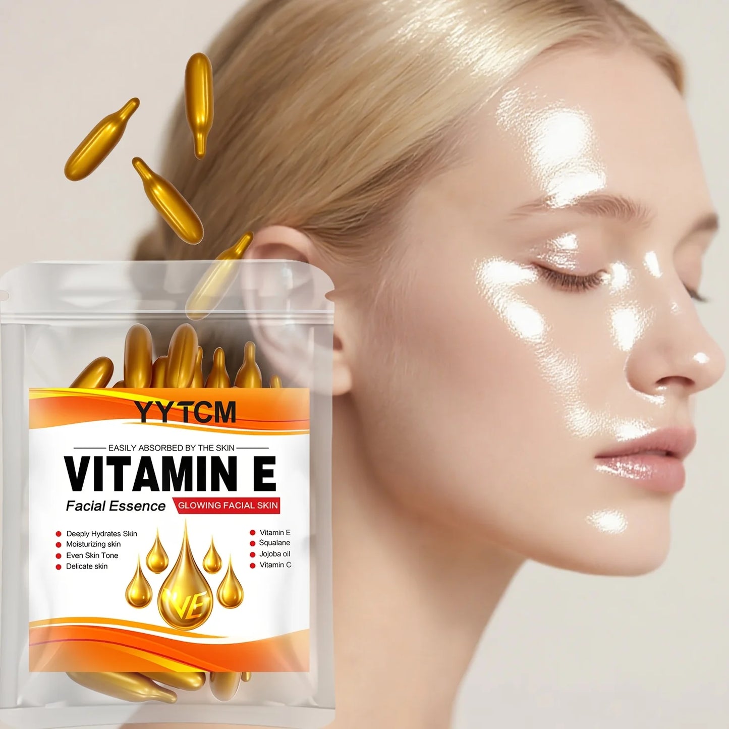 Vitamin E Deep Moisturizing Capsule Essence, Hydrates and Smooths Skin, Contains Plant-Based Squalane, Vitamin C, Deep Hydration and Brightening Skin Essence (0.4Gx30 Capsules)/Bag-1 Bag